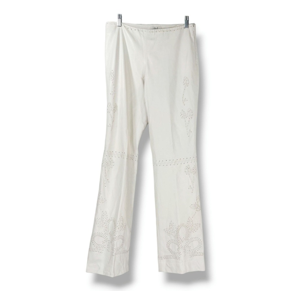 Cache Vintage Genuine Leather Pants Embroidered Floral Whipstitch Ivory White 6 - Picture 2 of 12